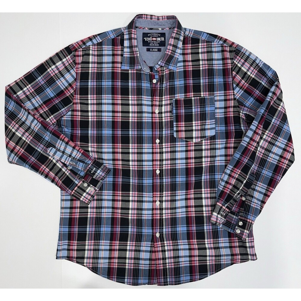 Ecko Unltd Plaid Shirt Division East All‎ City Maroon Long Sleeve SZ XL Y2K
